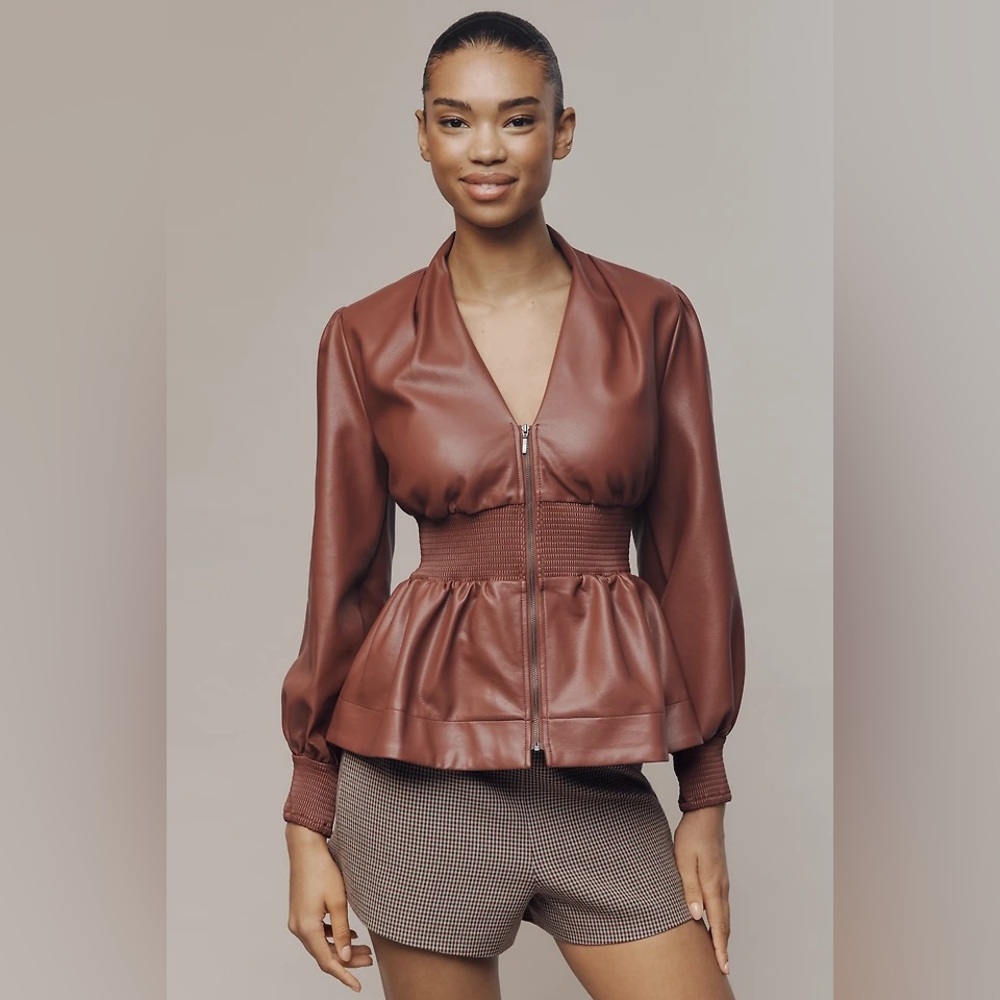 NWT! Anthropologie Tommie Long-Sleeve Faux Leather Smocked Front-Zip Blouse -XS🏓